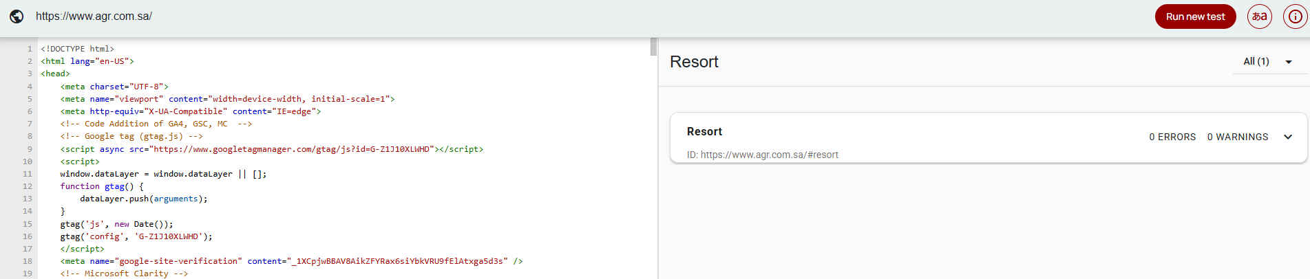 Rich Results validation confirming a recognised Resort entity for agr.com.sa with 0 errors and 0 warnings, shown alongside the implemented tracking and verification markup in the page head.