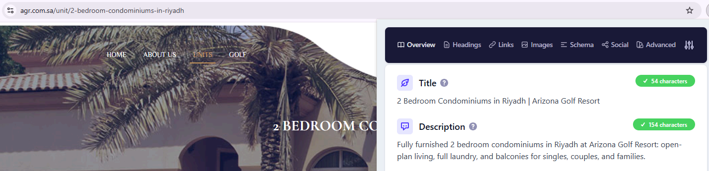 Restructured two-bedroom condominium page with location-qualified URL and rewritten 54-character title and 154-character description.