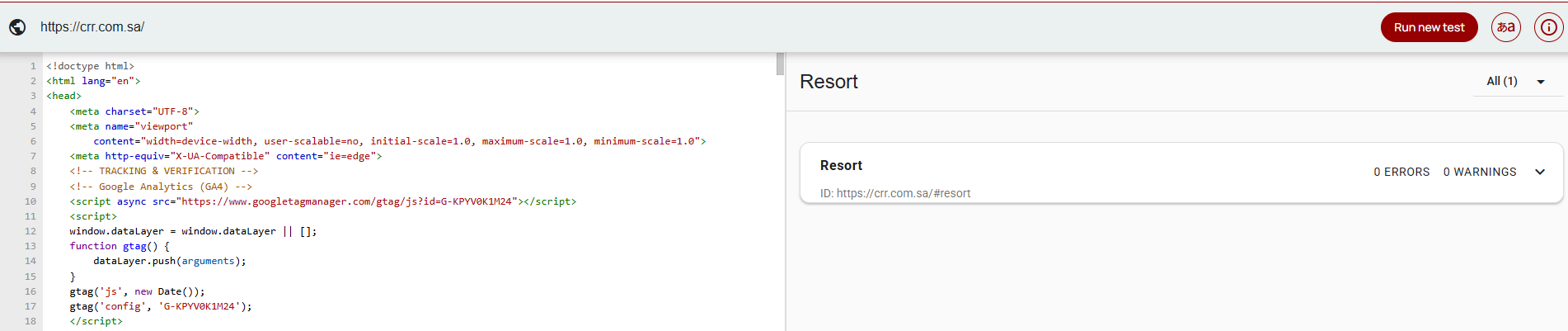 Rich Results validation confirming a recognised Resort entity for crr.com.sa with 0 errors and 0 warnings, alongside the implemented tracking markup.