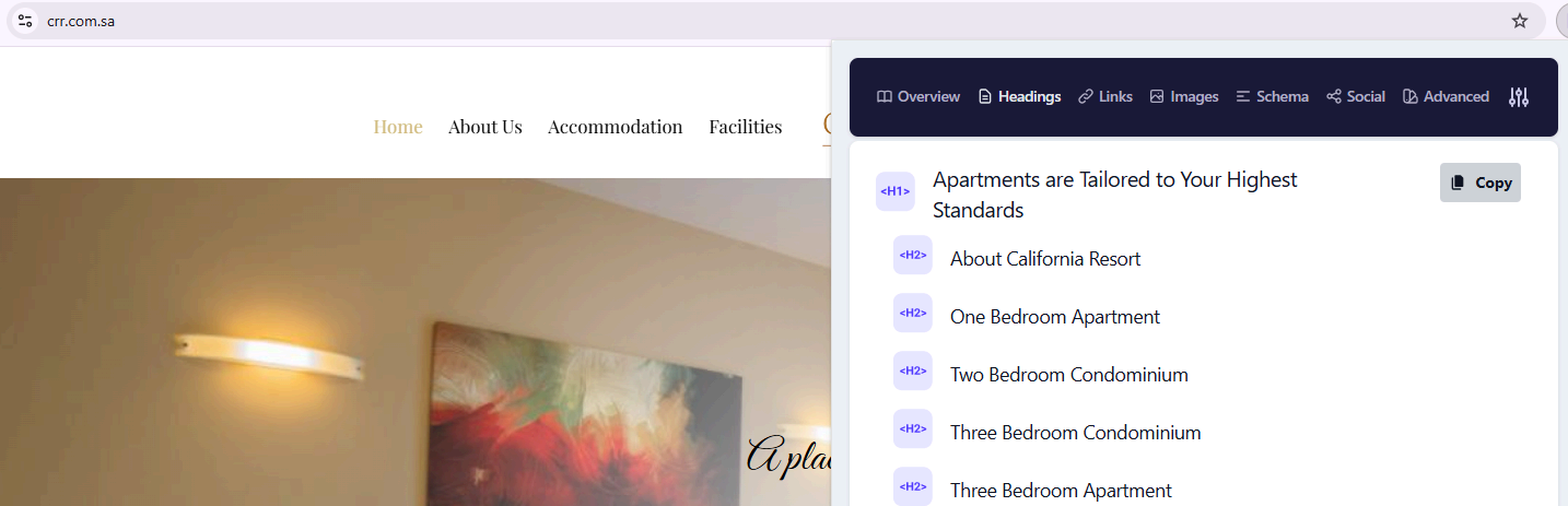 Corrected homepage heading hierarchy: a single H1 supported by H2 sections for the resort and each accommodation type.